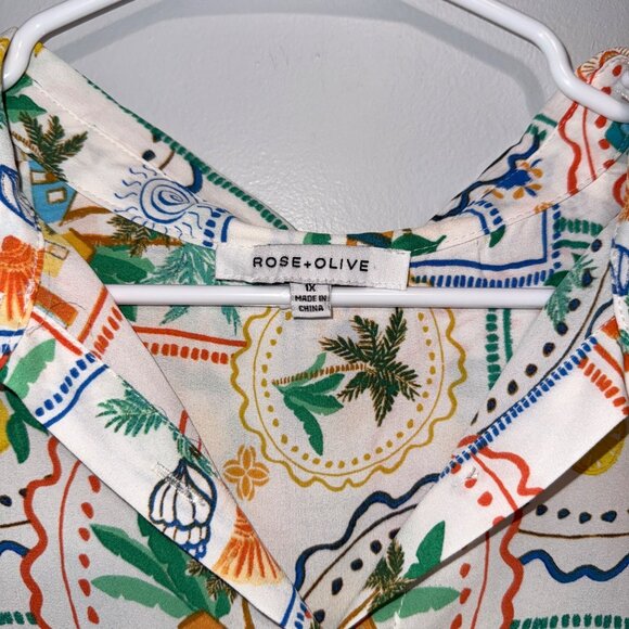 Rose +Olive Womens Tropical Print Button Down With 3/4 Sleeves & Tie Option - Picture 3 of 6